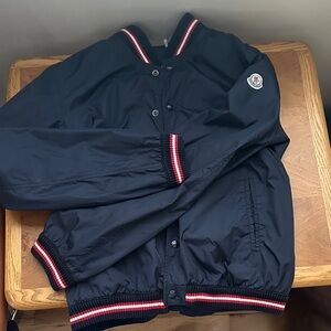 Moncler Dark Blue Bomber Jacket with Red and White Trim